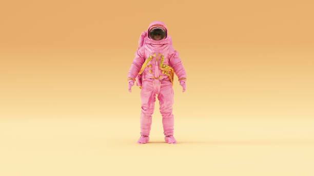 pink gold spacewoman astronaut cosmonaut with warm cream background right view - spacewoman imagens e fotografias de stock
