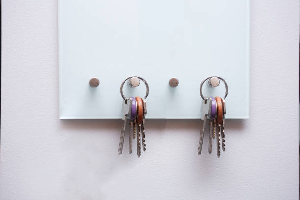 Keys hanging on modern open key box for storage keys on white wall Keys hanging on modern open key box for storage keys on white wall closeup hook of holland stock pictures, royalty-free photos & images