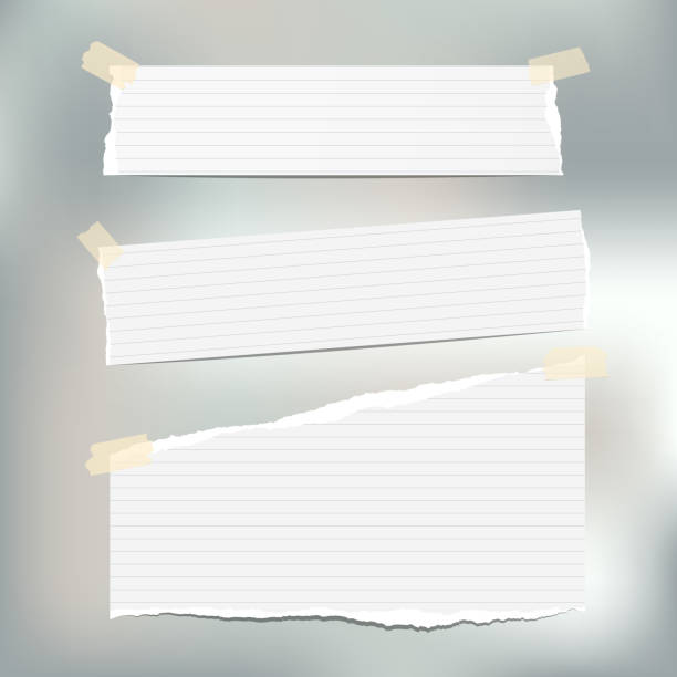 ilustraciones, imágenes clip art, dibujos animados e iconos de stock de nota de regla blanca, cuaderno, tiras de papel de libro de copia atascado con cinta adhesiva sobre fondo gris. - paper notebook ruled striped
