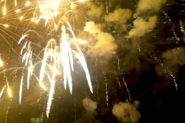 New Year's fireworks, inside view of the fireworks, colorful flashes of pyrotechnics.