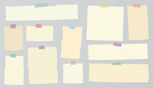 Pieces of light brown ruled torn note paper with colorful adhesive, sticky tape. Pieces of light brown ruled torn note paper with colorful adhesive, sticky tape are stuck on background. ruled stock illustrations