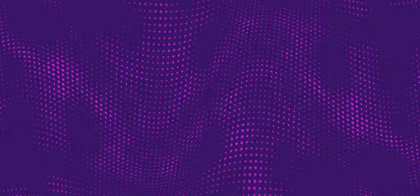 Vector illustration of Halftone music wave on purple background. Dotted vibrant texture for wallpaper, music poster, flyer.