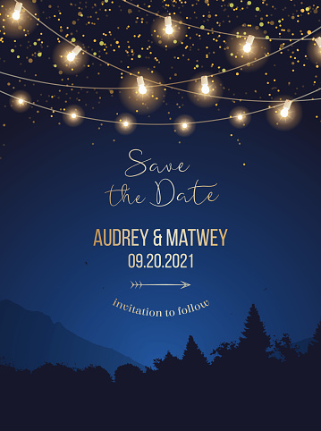 Magic night wedding lights vector design invitation. Party hanging lamp garlands. Landscape blue background. Gold stars and glow. Golden scattered dust. Midnight fairytale card.Isolated and editable