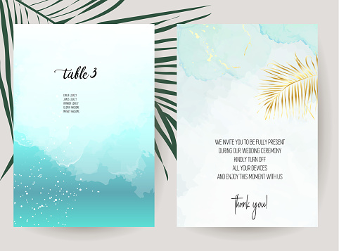Deep teal ocean and blue watercolor vector design cards. Seascape summer vacation frames. Tropical elegant wedding invitations. Splash texture. Island style. All elements are isolated and editable
