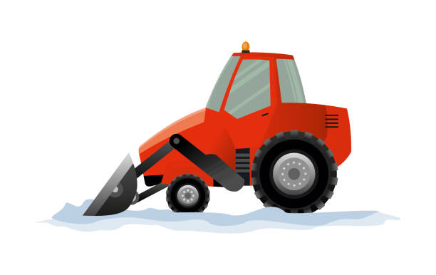Heavy Equipment cleans the road from the snow. Road works. Snowplow equipment isolated on white background. Excavator bulldozer snowblower transportation.