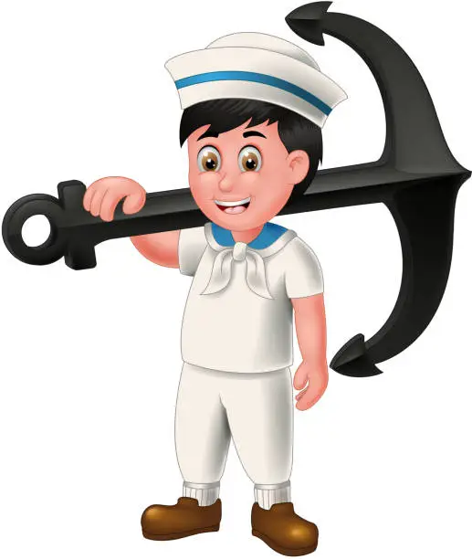 Vector illustration of Cool Sailor Man In White Uniform With Black Anchor Cartoon