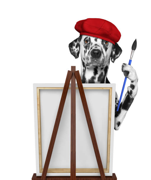 istock Cute dalmatian dog is a painter artist. Isolated on white 1200911356