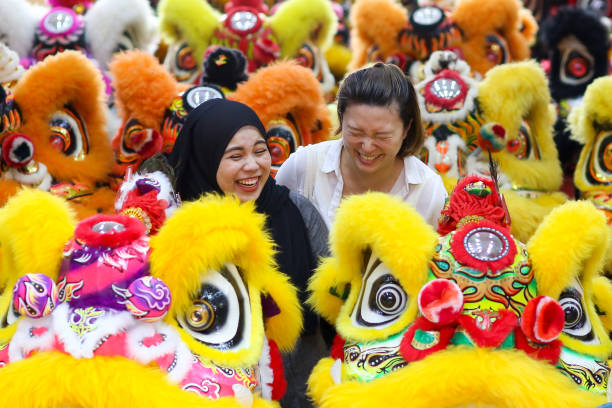istock Chinese New Year: 18 Lion Dance Heads on Display 1200911428