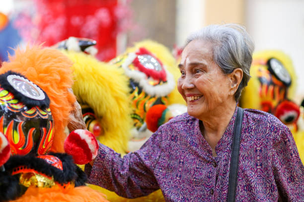 chinese new year: 18 lion dance heads on display - 80 year old imagens e fotografias de stock