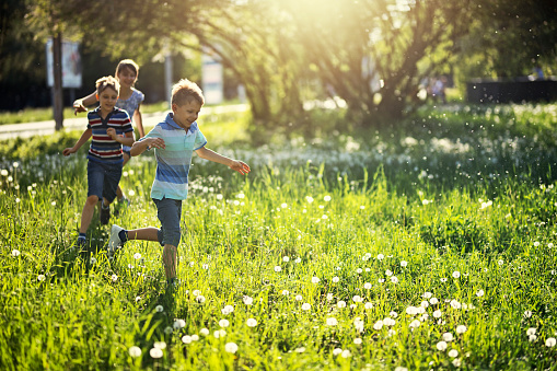 Kids running on green grass full of dandelions.\nNikon D850
