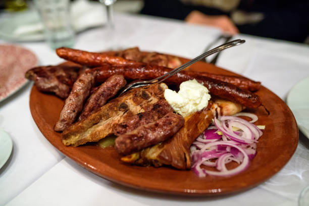 Plate with mixed traditional Serbian meat. Serbian national cuisine stock photo
