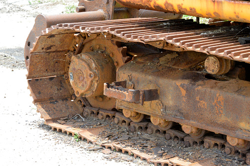 Details of caterpillar (Continuous track) on old bulldozer or tractor