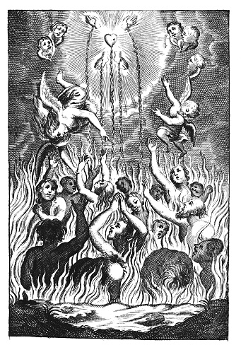 Antique vintage religious allegorical engraving or drawing of souls or people suffering in fire of hell and angels showing them way to heaven.Illustration from Book Die Betrubte Und noch Ihrem Beliebten..., Austrian Empire,1716. Artist is unknown.