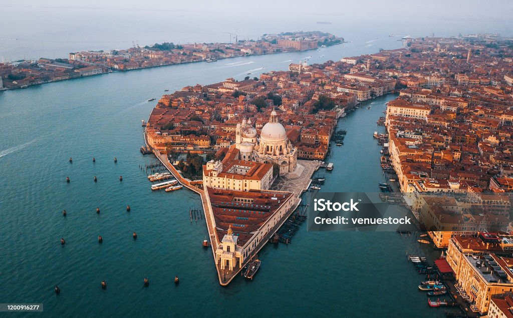 Aerial View of Grand Canal at sunrise Academy,Drone, Venice - Italy Stock Photo