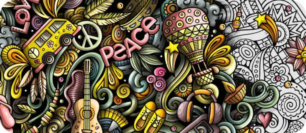 Vector illustration of Hippie hand drawn doodle banner. Cartoon detailed illustrations.