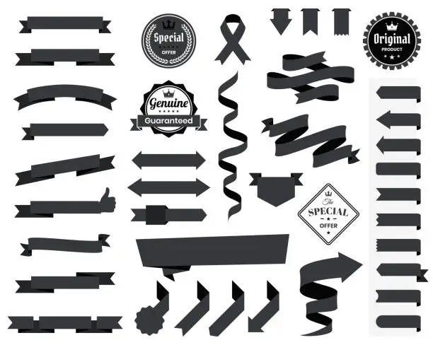 Vector illustration of Set of Black Ribbons, Banners, badges, Labels - Design Elements on white background