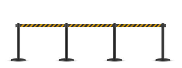 Retractable belt stanchion. Portable ribbon barrier. Striped black-yellow fencing tape. Retractable belt stanchion. Portable ribbon barrier. Striped black-yellow fencing tape. Hazard warning. Black stanchion. yellow belt stock illustrations