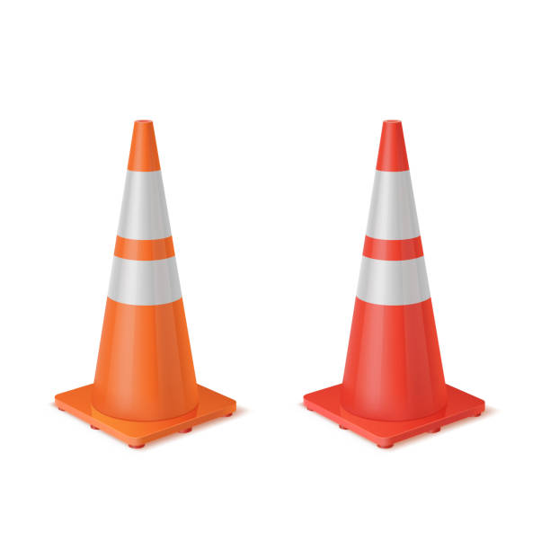 Red and orange realistic road plastic white striped shiny cones. Red and orange realistic road plastic white striped shiny cones. Equipment to ensure safe movement during road repair or road accident. Vector set on white background. traffic cone isolated road warning sign three dimensional shape stock illustrations