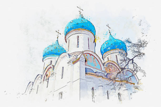 ilustraciones, imágenes clip art, dibujos animados e iconos de stock de acuarela dibujo de la trinidad lavra de san sergio patrimonio de la humanidad en sergiyev posad, rusia. - christianity orthodox church backgrounds blue