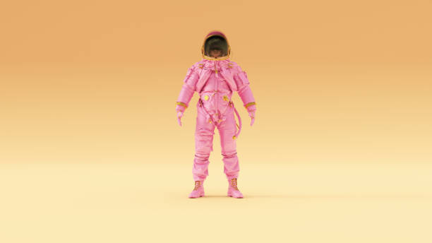 pink gold spacewoman advanced crew escape space suit ace suit astronaut cosmonaut with warm cream background right view - spacewoman imagens e fotografias de stock