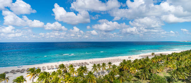 vista superior de la playa de ensueño caribeño en varadero cuba con tumbona y chozas de paja. vista panorámica de 20 km de largo playa de la ciudad turística de varadero. - varadero beach fotografías e imágenes de stock