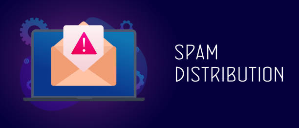 ilustrações de stock, clip art, desenhos animados e ícones de spam distribution - laptop with envelope and mail notification with alert and warning messages icon. malware spreading and irrelevant spam e-mail message concept. header, footer vector banner template - 4739