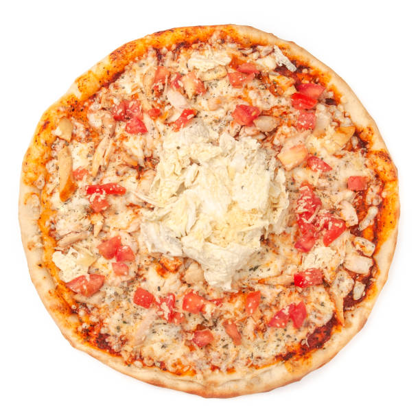 istock Pizza. With mozzarella cheese, smoked chicken fillet, tomato slices, Beijing cabbage and Caesar dressing. View from above. White background. Isolated. 1200923149