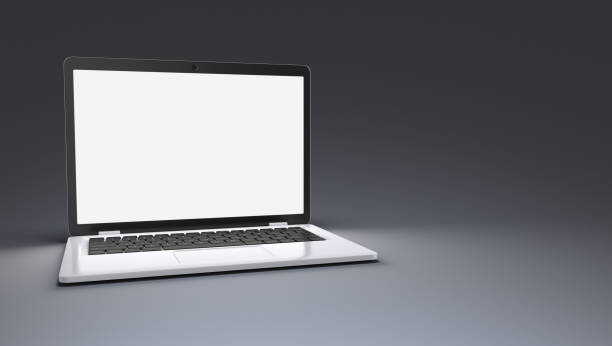 istock Modern laptop standing open on a gray background. 1200923884