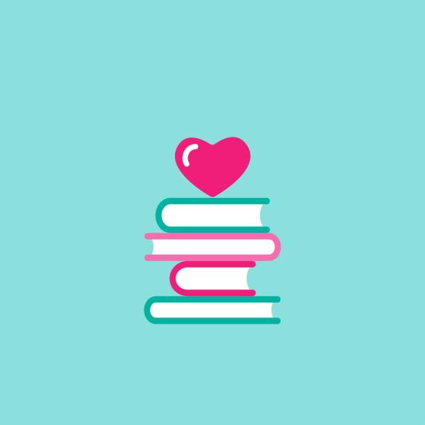 illustrazioni stock, clip art, cartoni animati e icone di tendenza di pila di libri con cuore rosa. isolato su sfondo blu. icona piatta bibliofila. vettore - bibliophile