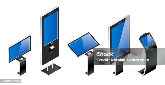 istock Electronic information boards realistic vector illustrations set. Digital self order kiosks flat color objects. Interactive payment machines with sensor displays isolated on white background 1200927250