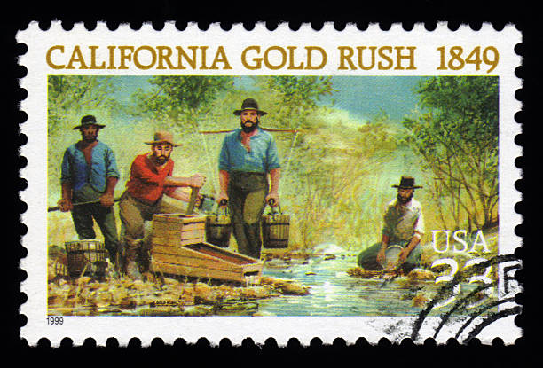 USA Postage Stamp California Gold Rush USA vintage California Gold Rush postage stamp showing miners panning for gold panning for gold photos stock pictures, royalty-free photos & images