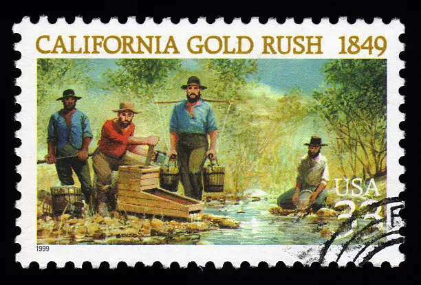 USA vintage California Gold Rush postage stamp showing miners panning for gold