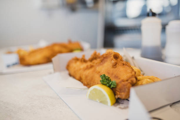 Close up of traditional fish and chips