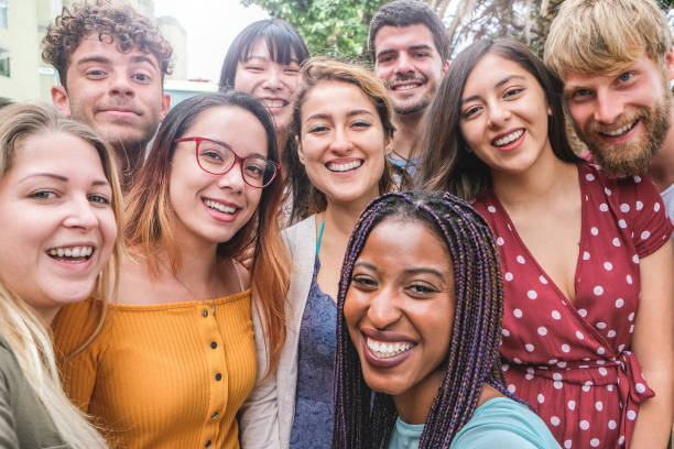 happy friends from diverse cultures and races taking photo making funny faces - millennial generation and friendship concept with young people having fun together - main focus on girl with glasses - day asian ethnicity asian culture asian and indian ethnicities imagens e fotografias de stock