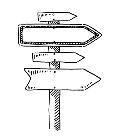 Hand-drawn vector drawing of Directional Traffic Signs pointing to the right side. Black-and-White sketch on a transparent background (.eps-file). Included files are EPS (v10) and Hi-Res JPG.