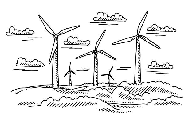 Wind Turbines Landscape Drawing Hand-drawn vector drawing of a Landscape with Wind Turbines. Black-and-White sketch on a transparent background (.eps-file). Included files are EPS (v10) and Hi-Res JPG. wind turbine illustrations stock illustrations