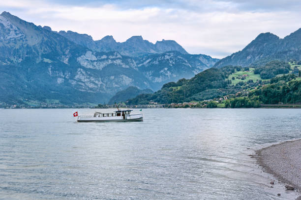 흐린 날씨에 호수와 산의 아름다운 전망. - cruise ship swiss flag cruise europe 뉴스 사진 이미지