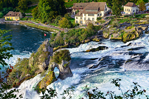 The largest plain waterfall in Europe - The Rhine Falls. Switzerland.View from above.