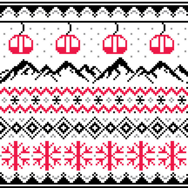 Winter sports in mountains, gondolas ski and snowboard vector seamless pattern -  Fair Isle style traditional knitwear Scottish retro textile folk art background inspired by traditional patterns, repetitive ornament in red and black christmas pattern pixel stock illustrations