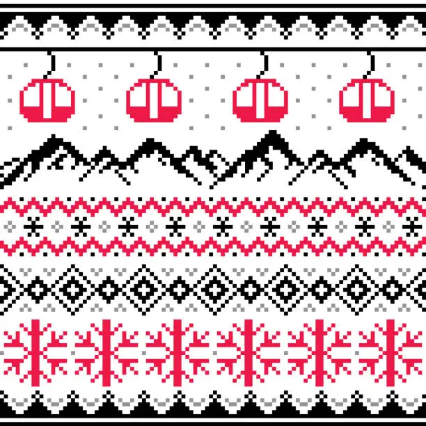 Vector illustration of Winter sports in mountains, gondolas ski and snowboard vector seamless pattern -  Fair Isle style traditional knitwear