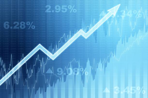 vista frontal del gráfico financiero azul con flecha. concepto de ingresos y crecimiento. renderizado 3d - mercado bursátil fotografías e imágenes de stock