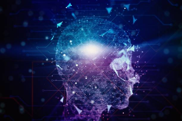 istock Glowing silhouette of a human head with microchips on a dark background. Artificial intelligence and neural networks concept. 3D Rendering 1200937882