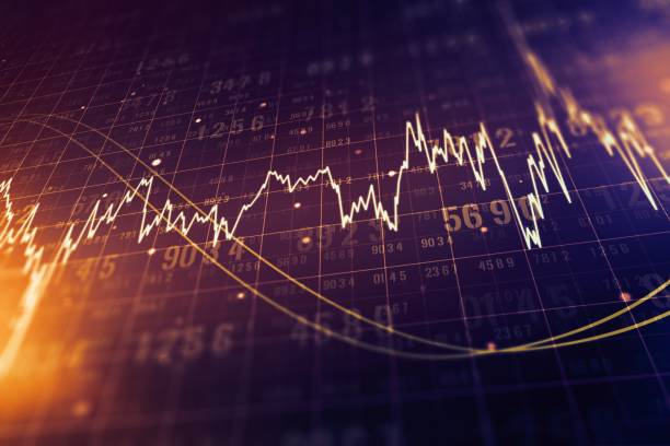 visualizzazione macro di uno schermo di terminale di trading con grafico finanziario astratto e cifre. trading e concetto forex. rendering 3d - chart stock market finance graph foto e immagini stock