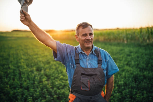 istock Farmer standing in the filed and wave to friend 1200938049