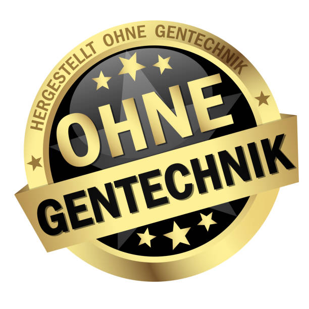 Button with Banner without genetic engineering (in german) EPS 10 vector with round colored button with banner and text without genetic engineering (in german) persistent organic pollutants stock illustrations