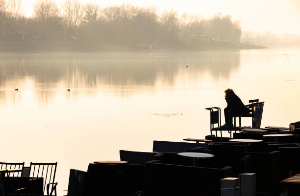 다른 해안을 바라보면서 강둑에 앉아있는 사람의 실루엣 - quit lake 뉴스 사진 이미지