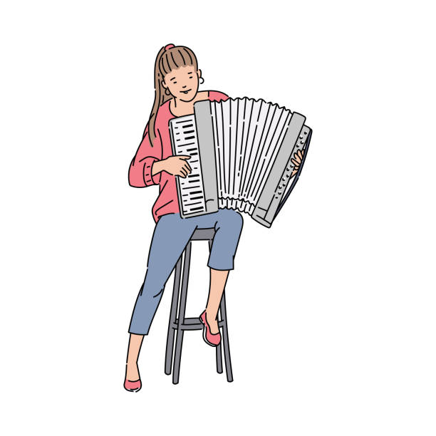 istock Young woman playing accordion sitting on a chair - isolated drawing 1200940925