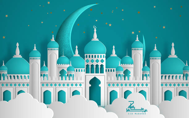 istock Islamic beautiful design template. Mosque with moon and stars on blue background in paper cut style. Vector illustration 1200942038