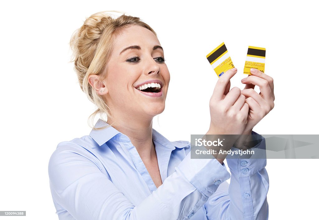 Privo di debito-donna con taglio di carta di credito - Foto stock royalty-free di 20-24 anni