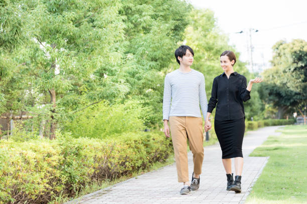 istock International couple walking (Western and Asians) 1200949545